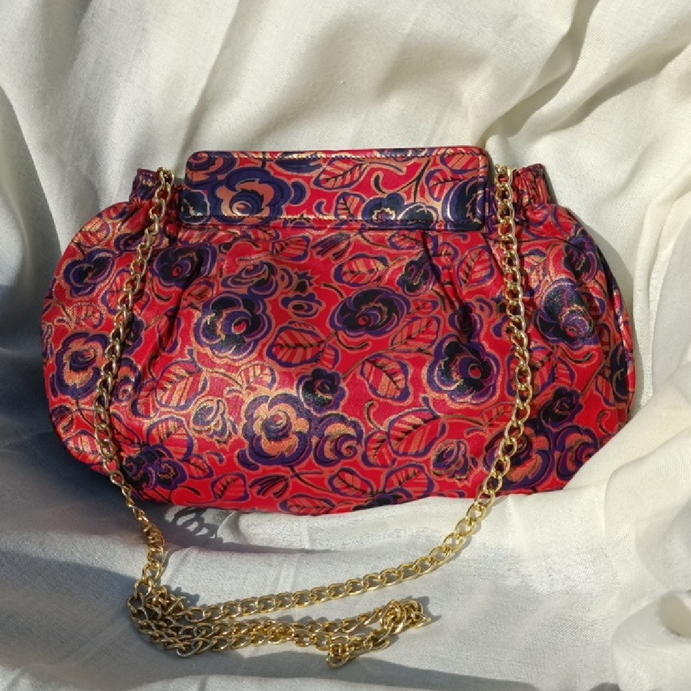 Carlos Falchi RARE Red and Blue Winter Florals Soft Leather Clutch Gold Chain